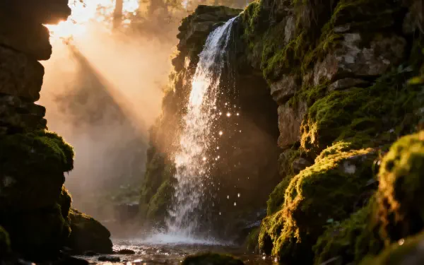 4K Ultra HD PC desktop wallpaper and background: sunlit waterfall cascading into a mossy forest gorge, golden rays filtering through mist.