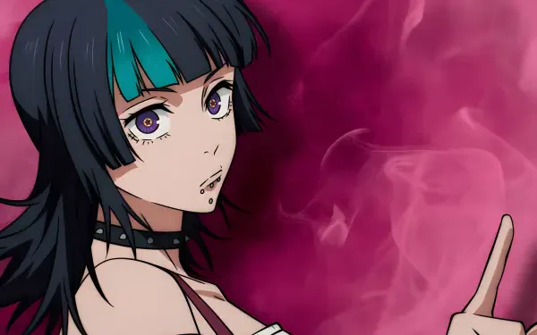 Kirara Hoshi from Jujutsu Kaisen, anime close-up with teal-streaked black hair and choker against a smoky magenta backdrop — 2K Quad HD PC desktop wallpaper.