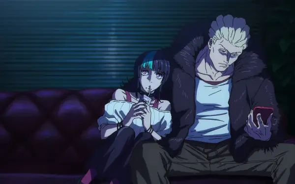 4K Ultra HD PC wallpaper of Jujutsu Kaisen: Kirara Hoshi and Kinji Hakari lounging on a neon-lit couch, Kirara snacking while Hakari checks his phone.
