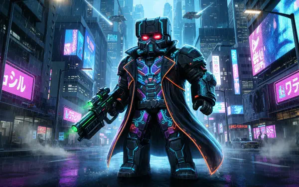 Roblox cybernetic armored figure with glowing red visor and neon circuitry strides through a rainy cyberpunk city at night, neon signs reflected on wet streets — 4K Ultra HD PC desktop wallpaper/background.