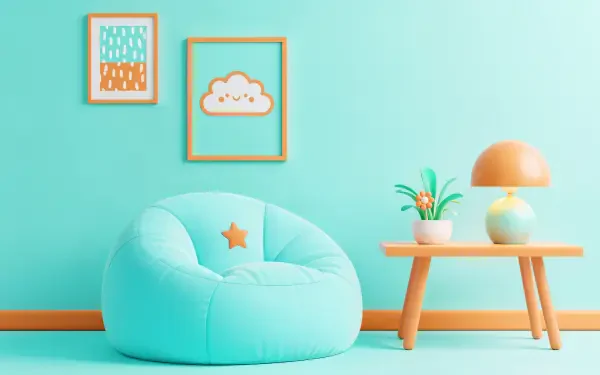 Cute aesthetic 4K Ultra HD PC desktop wallpaper: pastel mint room with a plump aqua beanbag chair with a star pillow, framed cloud art, small wooden side table, lamp and potted plant.