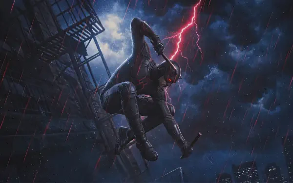 2K Quad HD PC desktop wallpaper of Daredevil from the TV show Daredevil: Born Again — the superhero crouches on a fire escape in a stormy city as lightning cracks the sky.