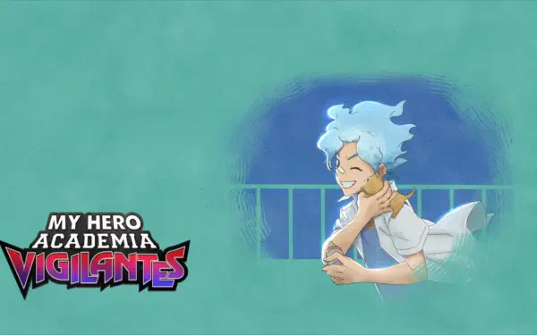 Anime HD PC desktop wallpaper and background for My Hero Academia: Vigilantes — smiling blue-haired character leaning on a railing against a teal backdrop, Vigilantes logo at lower-left.