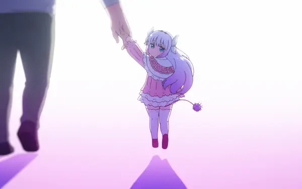 Anime HD desktop wallpaper of Kanna Kamui (Miss Kobayashi's Dragon Maid: A Lonely Dragon Wants to Be Loved) being lifted by an adult's hand on a glowing pink background.