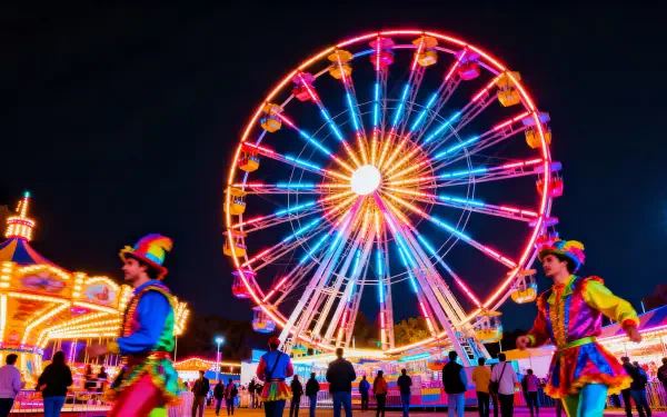 Vibrant night carnival scene with glowing Ferris wheel, performers and crowds — 4K Ultra HD PC desktop wallpaper and background.