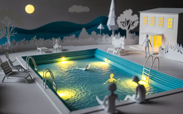4K Ultra HD PC desktop wallpaper and background — paper-cut diorama of a moonlit backyard: illuminated pool with swimmers, lounge chairs, a lit house doorway and rolling hills.