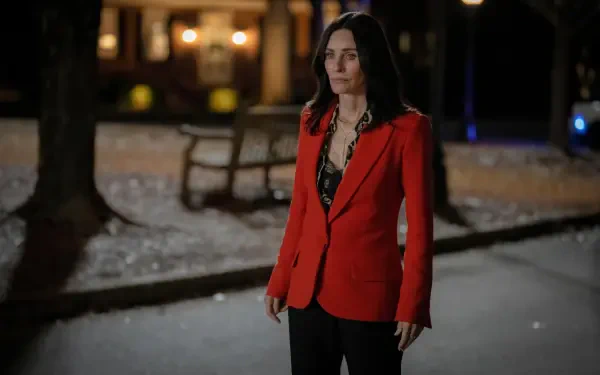 4K Ultra HD PC desktop wallpaper/background: woman in a red blazer and black lace top stands on a snowy, dimly lit park path with warm house lights blurred behind.