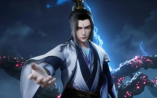 Renegade Immortal novel artwork: stern cultivator in flowing robes reaches out as lightning and glowing roots swirl behind — 2K Quad HD PC desktop wallpaper and background.