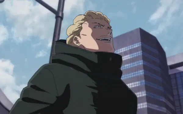 HD PC desktop wallpaper: anime Jujutsu Kaisen’s Kinji Hakari smirking in a dark coat, looking up against a blue sky and urban skyscrapers.