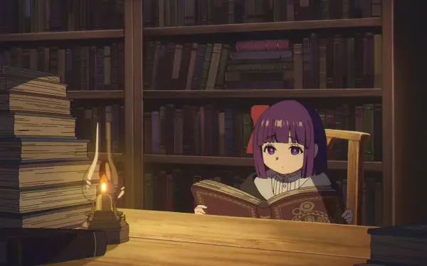 HD PC anime desktop wallpaper of Fern from Frieren: Beyond Journey's End reading by lamplight in a cozy library, stacks of books and shelves behind her.