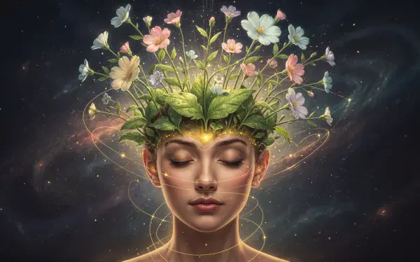 4K Ultra HD PC desktop wallpaper: serene woman's face with closed eyes, floral crown of blooming wildflowers and glowing vines, ethereal cosmic background and soft golden light.