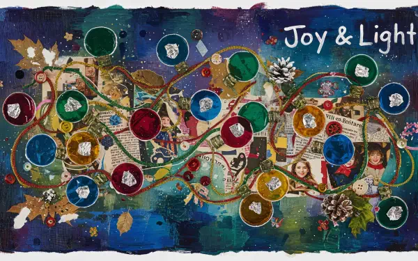 4K Ultra HD PC Desktop Wallpaper and Background: vibrant mixed-media holiday lights collage with garlands, ornaments, pinecones and 'Joy & Light' on a deep blue textured field.