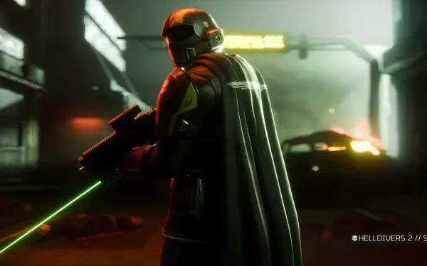 HD PC desktop wallpaper and background — TPS Helldivers 2: armored soldier in a cape aims a rifle emitting a green laser across a neon-lit rainy urban street with patrol cars and smoke.