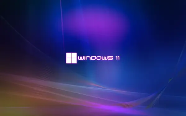 Microsoft Windows 11 5K Ultra HD PC desktop wallpaper: glowing abstract blue and purple light gradient with a centered Windows 11 logo.