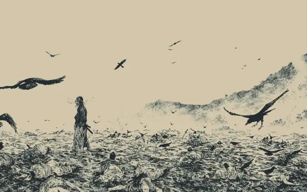 Vagabond (Manga) HD PC desktop wallpaper and background: lone samurai stands in a windswept field of leaves as crows circle beneath a pale, ink-wash sky.