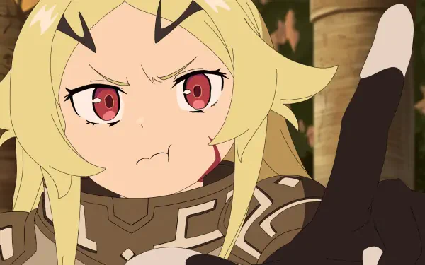 HD PC desktop wallpaper of Teoritta from the anime Sentenced to Be a Hero — close-up of her pouting, determined face with armored outfit and raised hand.