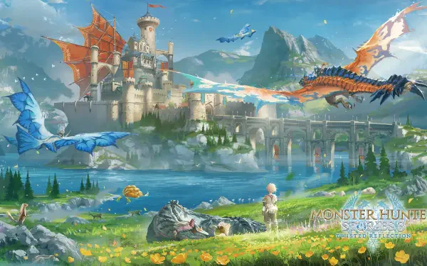 4K Ultra HD PC desktop wallpaper game art from Monster Hunter Stories 3: Twisted Reflection — a dragon rider and wyverns soar above a castle, bridge, river and flowered meadow with resting monsters.