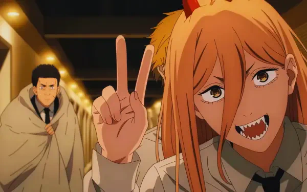 Power from Chainsaw Man flashes a mischievous peace sign and toothy grin in a funny anime moment — 4K Ultra HD PC desktop wallpaper and background.