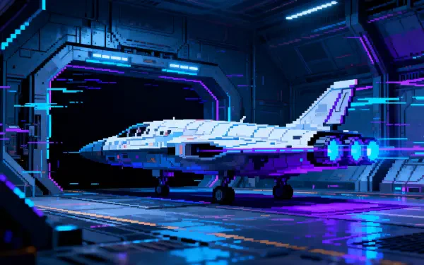 4K Ultra HD PC desktop wallpaper and background: pixel-art spaceship bathed in neon blues and purples inside a futuristic hangar, engines glowing as it prepares for launch.