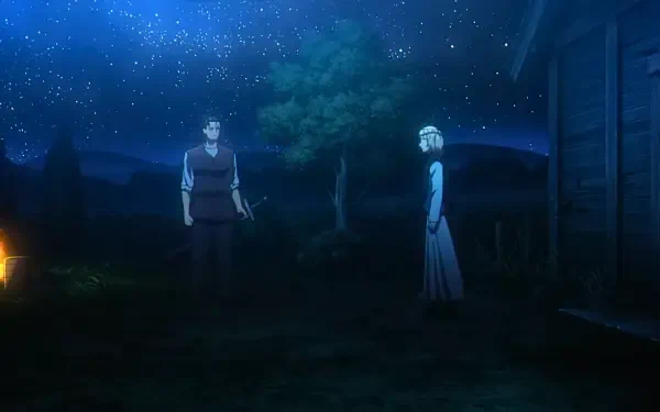 4K Ultra HD anime night wallpaper: two figures (Bideni, Ochi) converse by a wooden house under stars and a faint glowing orb — Orb: On the Movements of the Earth.