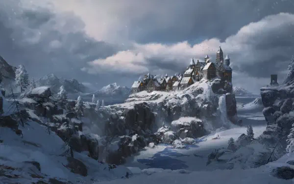 2K Quad HD PC desktop wallpaper background: a white, snow-clad fantasy castle perched on a rugged mountain ridge beneath a stormy winter sky.