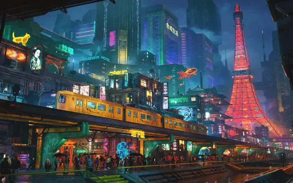 Cyberpunk Tokyo at night: neon-soaked streets, an elevated train, and glowing Tokyo Tower — digital art 4K Ultra HD PC desktop wallpaper background.