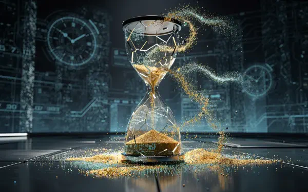 4K Ultra HD PC desktop wallpaper and background: cracked glass hourglass spilling golden sand across a reflective surface in a futuristic digital lab with holographic clock faces.