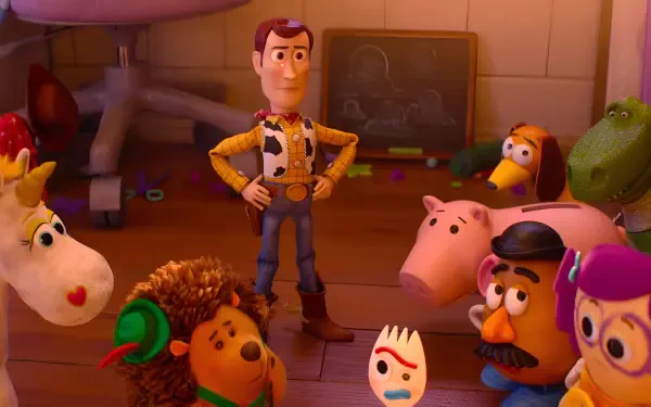 Animated movie scene from Toy Story 5: Woody stands with hands on hips amid other toys, warm colorful lighting — 2K Quad HD PC desktop wallpaper.