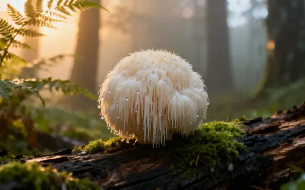 Sunlit lion's mane mushroom on a mossy log in a misty forest — 4K Ultra HD PC desktop wallpaper and background.