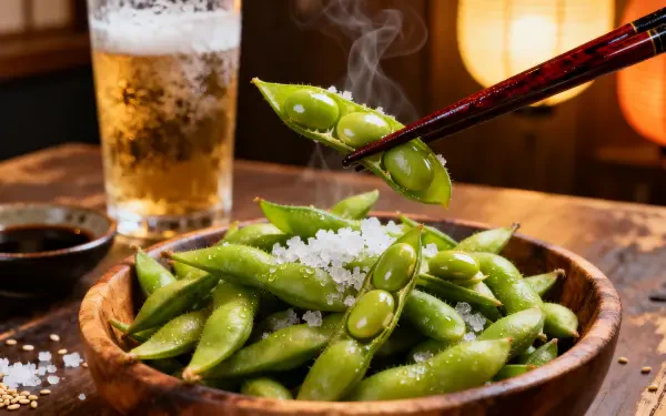 4K Ultra HD PC desktop wallpaper of steaming, salted edamame in a wooden bowl; chopsticks lift a pod beside a glass of beer and warm bokeh lighting.