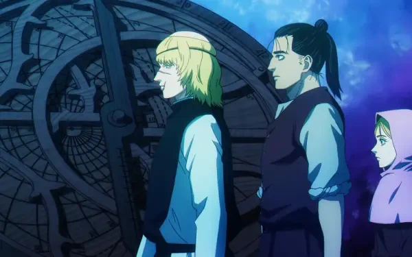 HD PC wallpaper: Badeni, Oczy and Yolenta in profile before a giant astrolabe orb from Orb: On the Movements of the Earth, set against a blue-purple night sky.