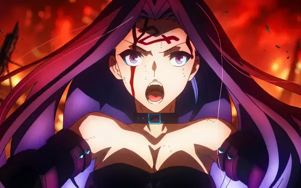 Rider from Fate (Series): fierce anime girl in battle, long purple hair and blood-splattered face screaming defiantly — captured as a 5K Ultra HD PC desktop wallpaper background.