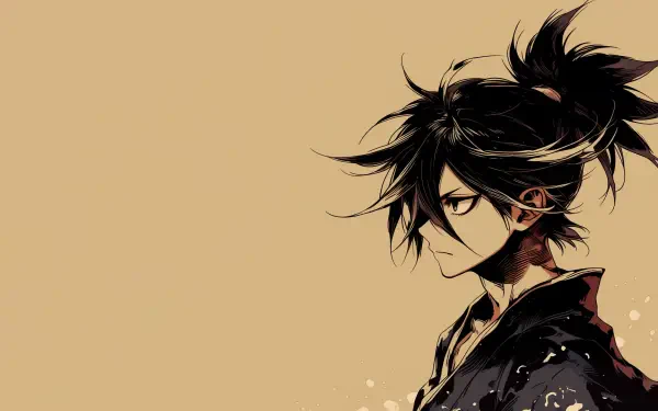 Side profile of Hyakkimaru from Dororo, dark hair in a messy topknot against a beige background, 2K Quad HD PC desktop wallpaper.