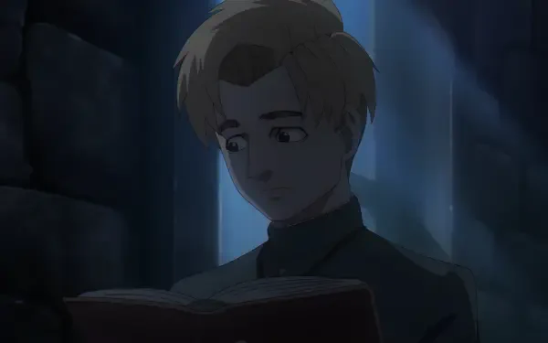 Anime HD PC desktop wallpaper: Rafal reads Orb: On the Movements of the Earth by dim blue light in a stone chamber — contemplative astronomy book scene.