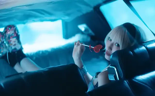 Blonde woman in a neon-blue car backseat, holding a heart-shaped lollipop and gazing at the camera, K-pop–style 4K UHD PC desktop wallpaper.