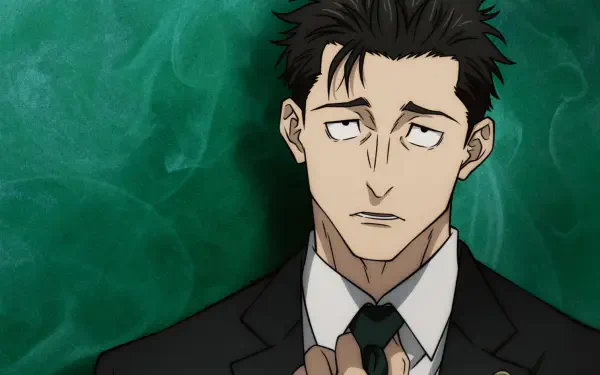 Hiromi Higuruma (Jujutsu Kaisen) in a suit adjusting his tie against a green textured backdrop — Anime 2K Quad HD PC desktop wallpaper.