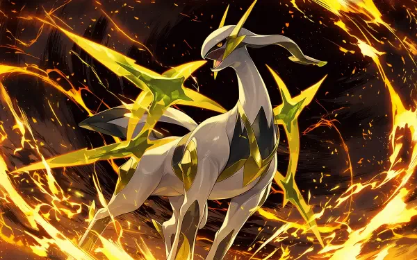 2K Quad HD PC wallpaper of Arceus, the legendary Pokémon, standing amid swirling golden aura and fiery energy in dynamic anime-style artwork.