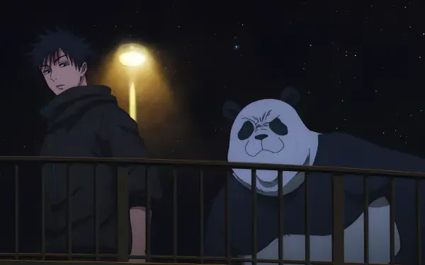 4K Ultra HD PC desktop wallpaper of Jujutsu Kaisen 3rd Season featuring Megumi Fushiguro and Panda on a railing under a starry night sky