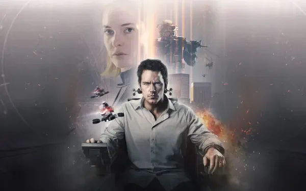 Mercy (2026) 4K Ultra HD PC desktop wallpaper — brooding man seated foreground, ethereal woman's face above, small ships and explosions over a dark futuristic cityscape.