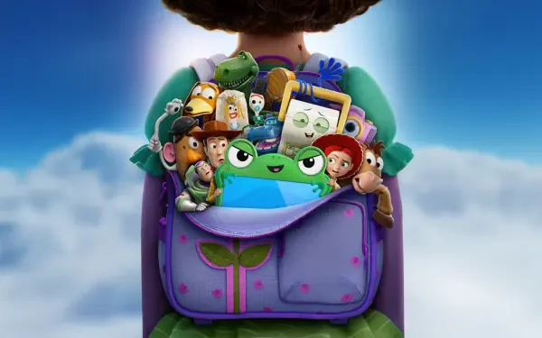 Toy Story 5 5K Ultra HD PC Desktop Wallpaper and Background - vibrant backpack overflowing with Woody, Buzz, Jessie and other toy pals against a bright blue sky and fluffy clouds.