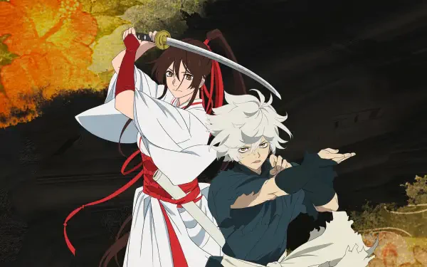 Hell's Paradise 4K Ultra HD PC desktop wallpaper: two anime warriors—a white-kimono swordswoman and a white-haired fighter—strike dynamic poses against a dark, gold-flecked textured background.