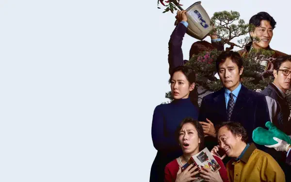 Right-aligned ensemble of seven people with varied expressions, holding a vase, book and toy on a pale blue field; tagged No Other Choice 4K Ultra HD PC desktop wallpaper.