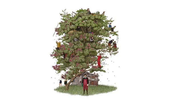 No Other Choice — 4K Ultra HD PC desktop wallpaper/background: sprawling leafy tree filled with tiny figures and objects, a lone person standing beneath on a grassy mound.