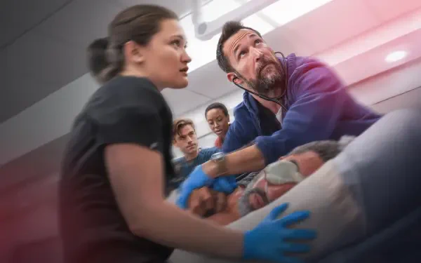 The Pitt — 4K Ultra HD PC desktop wallpaper: tense field-rescue scene with emergency responders in gloves attending an injured person on a gurney under dramatic red-tinted lighting.