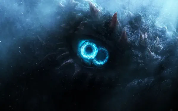 Monarch: Legacy of Monsters — 4K Ultra HD PC desktop wallpaper and background: a colossal scaly beast's neon-blue eye glowing through mist and shadow.