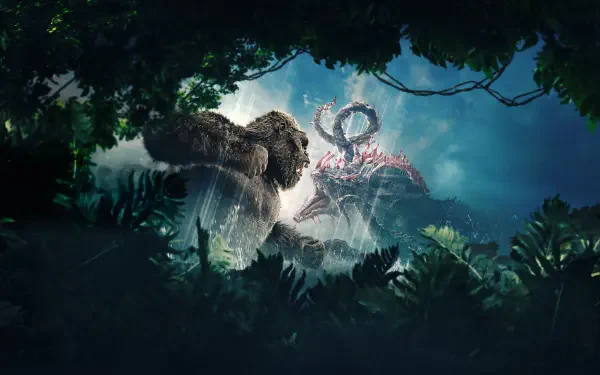 Monarch: Legacy of Monsters 4K Ultra HD PC desktop wallpaper and background depicting two colossal kaiju clashing in a misty jungle clearing, framed by dense foliage and a storm-lit sky.