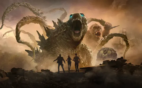 Monarch: Legacy of Monsters — 4K Ultra HD PC desktop wallpaper and background: three silhouetted figures face a towering tentacled kaiju with glowing eyes and an open maw beneath a stormy sky.