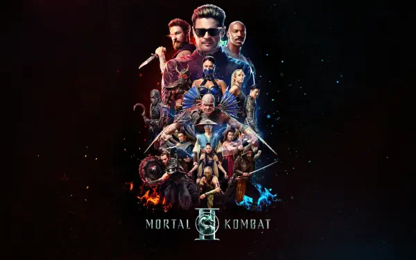 Mortal Kombat 2 (2026) 5K Ultra HD PC desktop wallpaper — cinematic collage of fighters in a triangular formation with fiery and icy effects and the Mortal Kombat logo at the bottom.