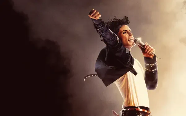 Tagged Michael (2026) — 4K Ultra HD PC desktop wallpaper of a singer mid-performance, hand raised and gripping a microphone amid dramatic stage lighting and smoky backdrop.
