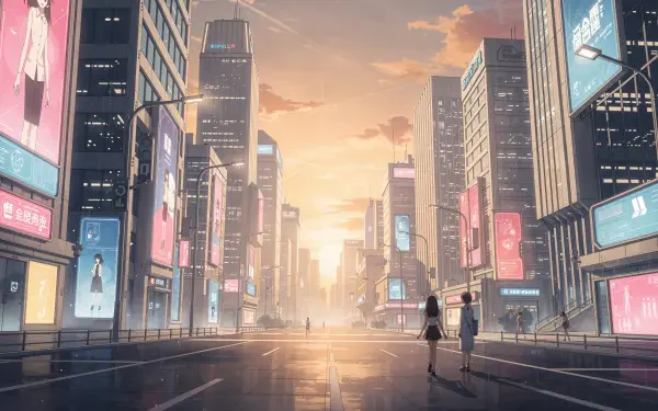 Anime city at sunset: a wide boulevard lined with neon-lit skyscrapers, billboards and two silhouettes walking toward a glowing horizon — 4K Ultra HD PC desktop wallpaper and background.